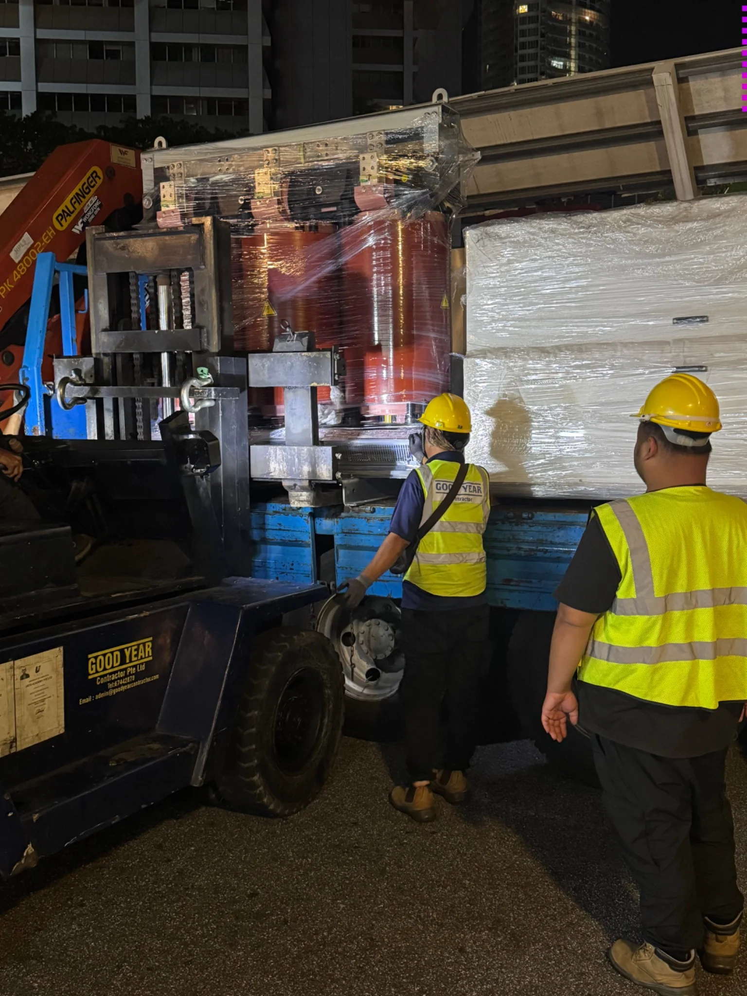 Heavy transformer handling at night