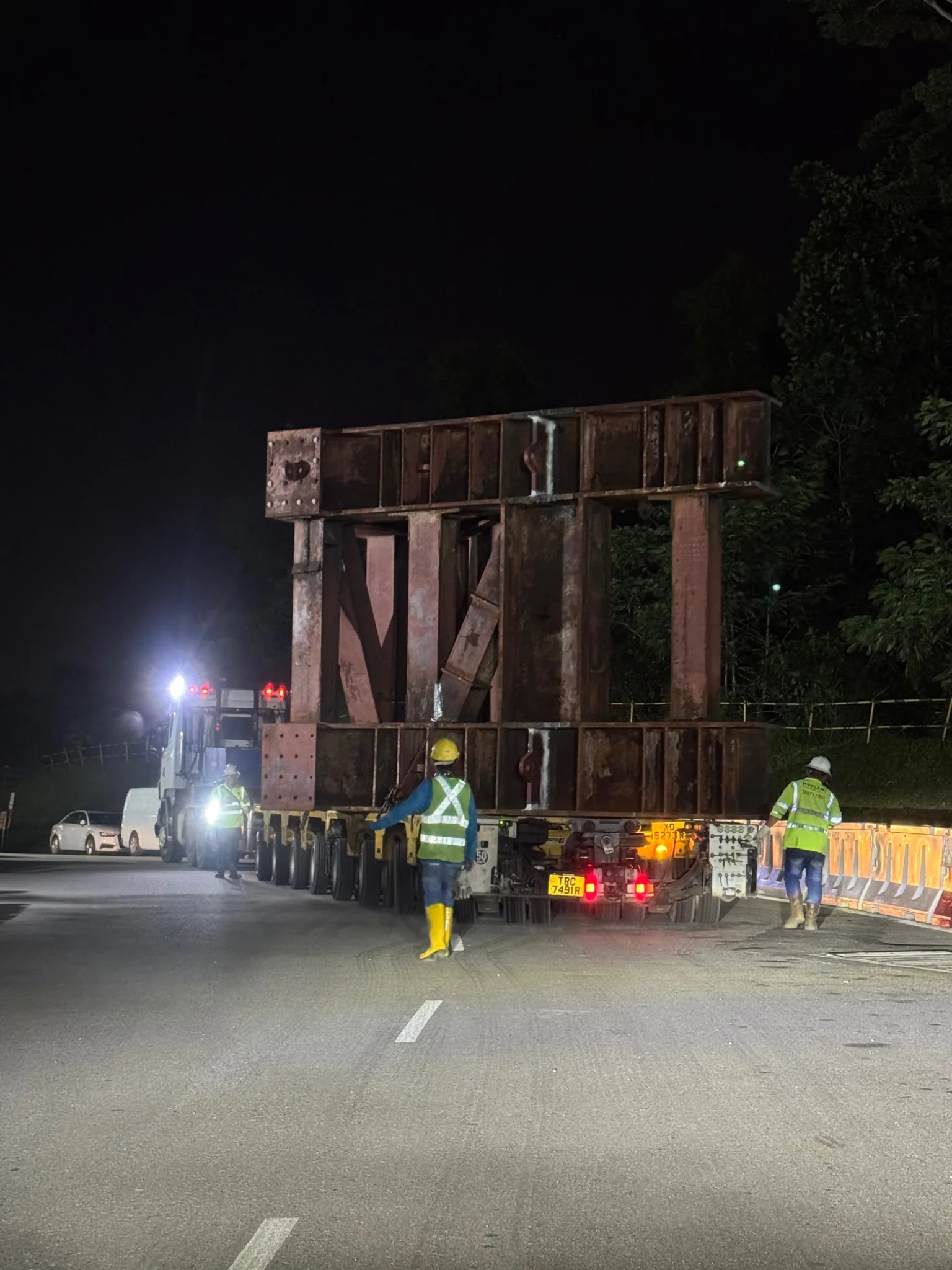 Oversized steel structure transported at night